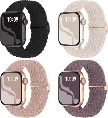 4 Pack Braided Stretchy Bands Compatible with Apple Watch 40mm 41mm 38mm 42mm 44mm 45mm 46mm 49mm Women Men, Breathable Nylon Elastic Daily Use Straps for iWatch Series 11/10 9 8 7 6 5 4 3 SE/Ultra 2
