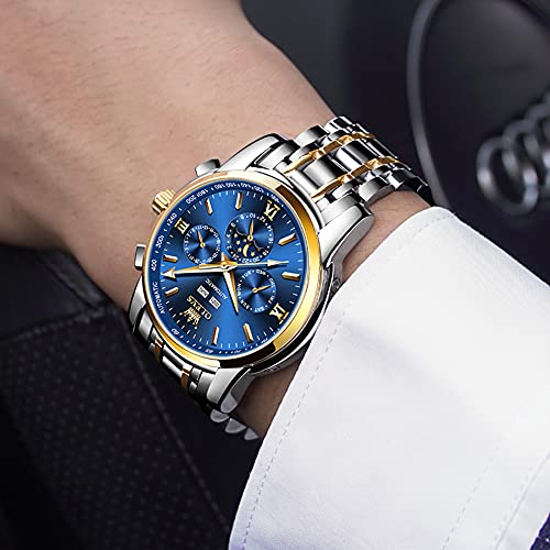 OLEVS Automatic Men Watch Self Winding Mechanical Luxury Dress Moon Phase Stainless Steel Waterproof Luminous Calendar Wrist Watch (Blue)