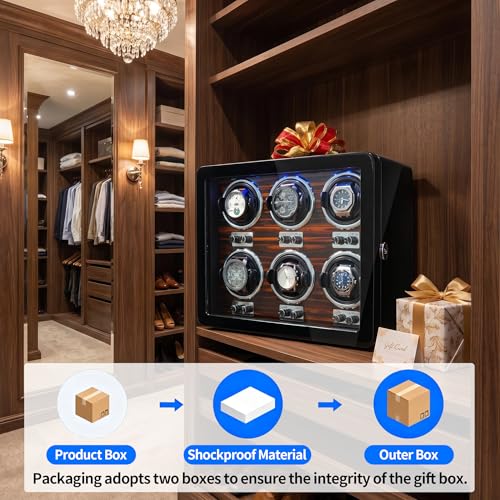 Oryx 6 Watch Winders for Automatic Watches Wooden Rotating Watch Box 15 Rotation Modes Setting Display Case with LED Light, AC or USB Powered Super Quiet Mabuchi Motor