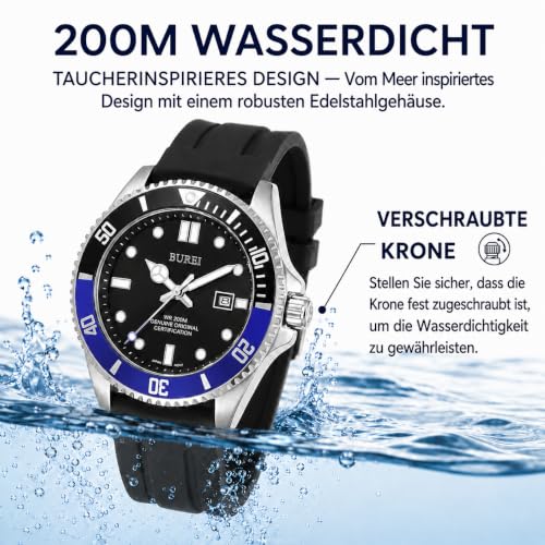 BUREI Men's Dive Watch, 200M Waterproof Analog Quartz Stainless Steel Fashion Classic Work Business Dress Wrist Watch for Men with Auto Date (Blue-Black, Silicone)