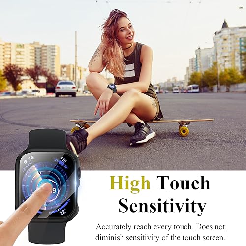 [3 Pack] Case for Apple Watch Series 9 Screen Protector 41mm Series 8 Series 7, EWUONU Hard PC Bumper Cover HD Tempered Glass Full Protective Case for iWatch Series 9/8/7 Accessories 41mm, Black