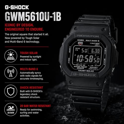Casio G-Shock GWM5610U-1B Men's Tough Solar Atomic Digital Watch, Multi-Band 6 Radio Controlled, 200M Water Resistant, Shock Resistant, LED Backlight, Black Resin Strap