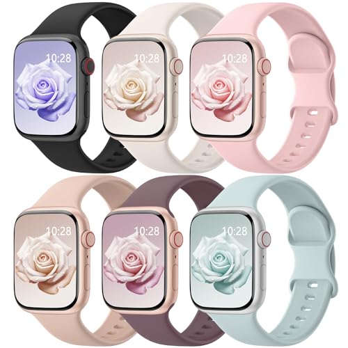 6 Pack Sport Bands Compatible with Apple Watch Bands 38mm 40mm 41mm 42mm 44mm 45mm 46mm 49mm for Women Men, Soft Wristband Silicone Sport Strap for iWatch Bands Series 11 10 9 8 7 6 5 4 3 2 1 Ultra SE