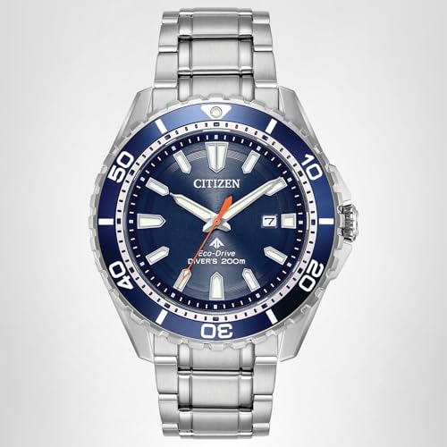 Citizen Men's Promaster Sea Eco-Drive Stainless Steel Watch, 3-Hand Date, One-Way Rotating Bezel, ISO Compliant, Luminous Hands and Markers, Blue Dial, 45mm (Model: BN0191-55L)