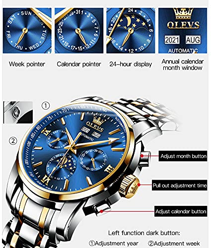 OLEVS Automatic Men Watch Self Winding Mechanical Luxury Dress Moon Phase Stainless Steel Waterproof Luminous Calendar Wrist Watch (Blue)