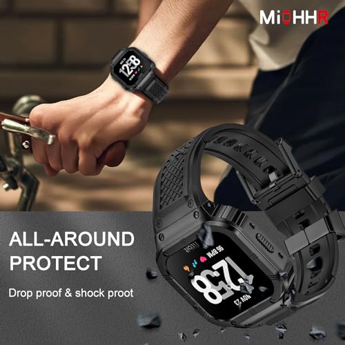 MioHHR Stainless Steel Case and Band Compatible with Fitbit Versa 4/3/2/Lite/Sense/Sense 2 Bands with Metal Case, Rugged Sports Protector Cover Silicone Wristbands for Men, Black