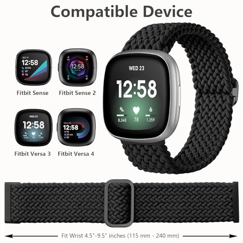Maledan Sport Elastic Band Compatible for Fitbit Sense/Versa 3/Fitbit Versa 4/Sense 2 Bands Men Women, Breathable Nylon Stretchy Solo Loop Replacement Bands for Versa 3/ Versa 4, Black