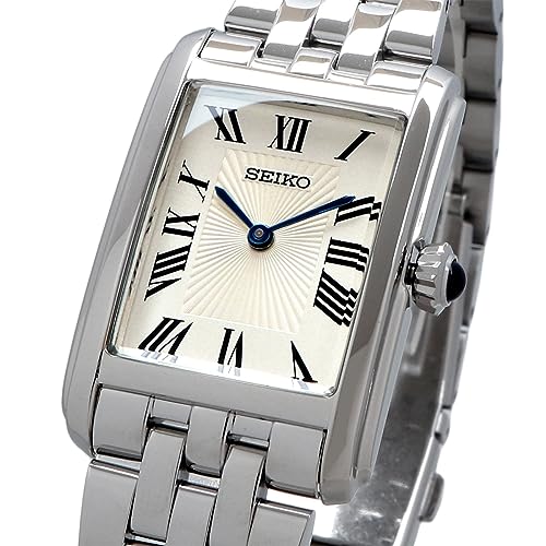 Seiko SWR083 Rectangular Watch - Essentials Collection - Roman Numeral Dial, Blue Hands, Stainless Steel Bracelet, and 50m Water Resistance