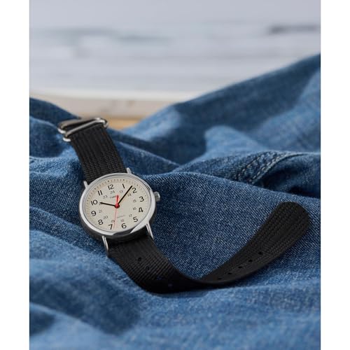 Timex Unisex Weekender 38mm Watch – Silver-Tone Case Cream Dial with Black Fabric Slip-Thru Strap