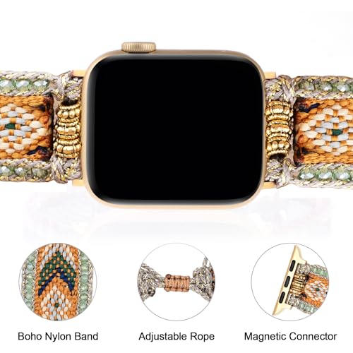 Braided Western Boho Nylon Band Compatible with Apple Watch Bands 38mm 40mm 41mm 42mm 44mm 45mm 49mm, Women Adjustable Bracelet Beaded Bohemian Strap for iWatch Series 9 8 SE Ultra 7 6 5 4 3 2 1 (38mm/40mm/41mm, Boho Green Orange)