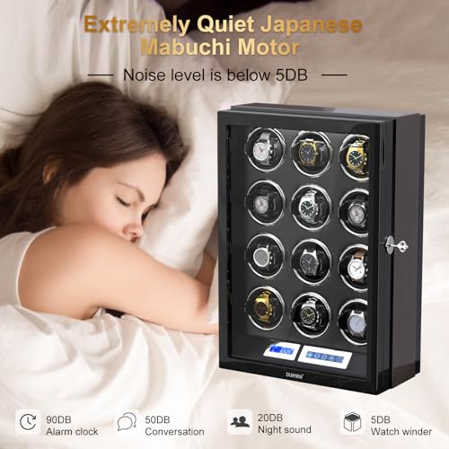 DUKWIN Watch Winder for 12 Automatic Watches with Key Lock, LCD Screen, Remote Control, LED Light, Adjustable Watch Pillow and Supper Quiet Motor for Universal Watches
