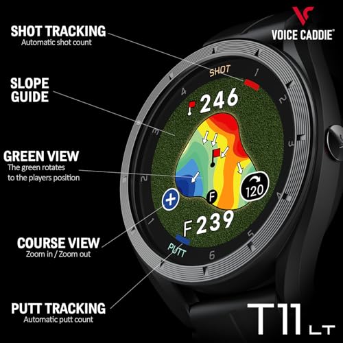 Voice Caddie T11 LT GPS Golf Watch LCD Display with Green Undulation No Monthly Subscription Slope Mode 40K+ Preinstalled Courses, Course View, Practice Tempo Mode, Putt View 1.2" Color Touchscreen