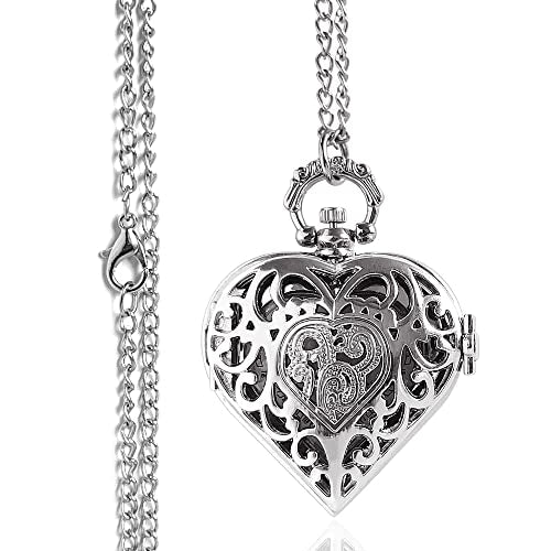 VIGOROSO Women's Pocket Watch, Analog Display, Quartz Movement, Silver Stainless Steel, Heart Pendant Necklace, Unisex Accessory, Valentines Day Gifts