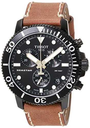 Tissot Mens Seastar 1000 Chronograph 316L Stainless Steel case with Black PVD Coating Quartz Watch, Beige, Leather, 22 (T1204173605100)