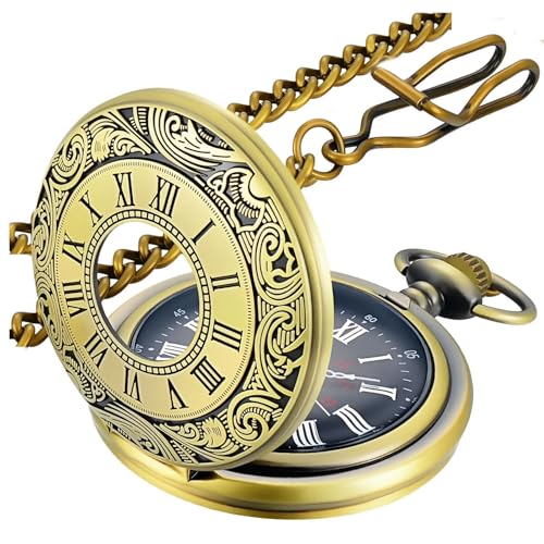 LYMFHCH Vintage Pocket Watch Roman Numerals Scale Quartz Pocket Watches with Chain Christmas Graduation Birthday Gifts Fathers Day