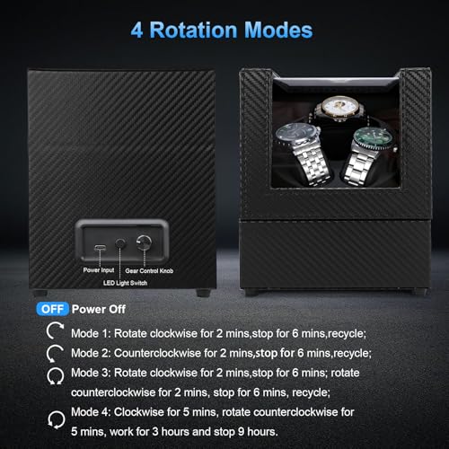 J&T Technology Watch Winder for Automatic Watches,Automatic Watch Winder with LED Light,Rotating Watch Case with Japanese Quiet Motor,4 Rotation Modes,USB Type C