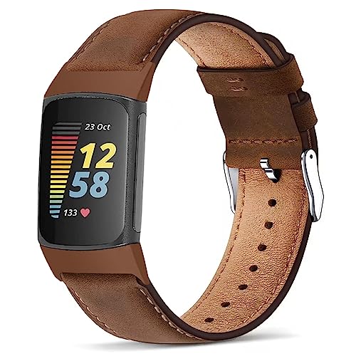 Genuine Leather Bands Compatible for Fitbit Charge 6/ Charge 5 Bands, Classic Replacement Accessories Strap Genuine Leather Wristbands Metal Women Men Retro Walnut
