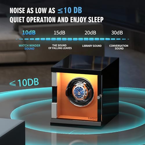 VANTENT Watch Winder for Automatic Watches with LED Lighting，Shining Finishing and Quiet Motor/1 Watch Position/Brown