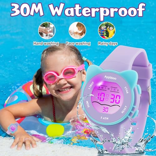 Ayybboo Kids Digital Watches for Girls Boys, 7 Color Lights Waterproof Cute Wristwatches for Kids with Alarm Stopwatch, Great Present for Girls Boys Ages 5-13