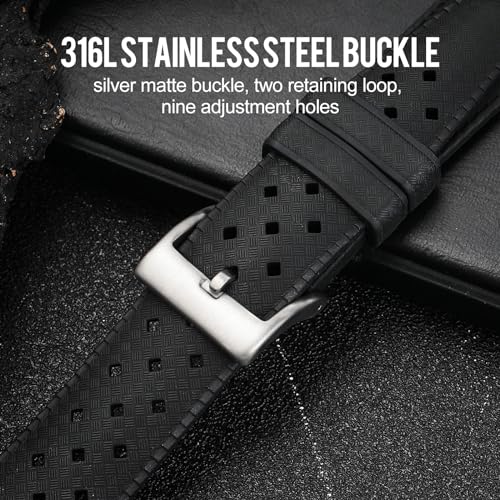 TACTICAL FROG FKM Rubber Watch Strap Fast-Release Tropical Fluororubber 20mm Rubber Watch Band, Soft Breathable Universal Replacement for Men Women Stainless Steel Buckle