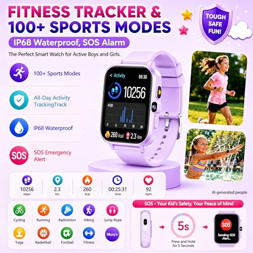 Smart Watch for Kids, 1.85" Fitness Tracker with Camera, Game, Music, SOS, AI, Alarm Clock, Video,Parent Control, 24/7 Heart Rate Sleep Monitor, 100+ Sport Modes, IP68 Waterproof, Gifts for Boys Girls