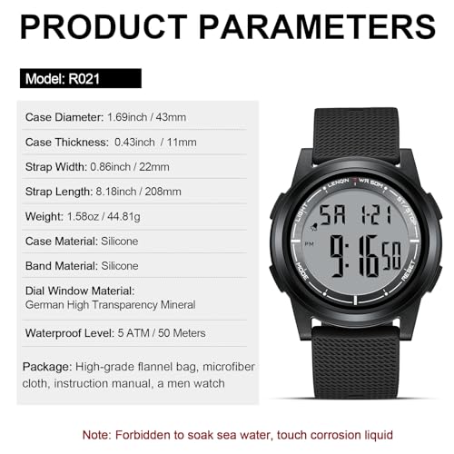 HANPOSH Mens Digital Watch Ultra Thin Minimalist Sports Waterproof Outdoor LED Screen Large Face Wrist Watches for Men with Back Light Alarm Date Stopwatch