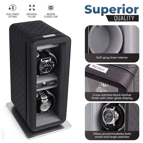Heiden Monaco Double Watch Winder in Black Leather - Battery Powered or AC Adapter, 12 Program Settings, Diamond Stitched Vegan Leather, Soft Linen Interior, Large Interior Space for Large Watches