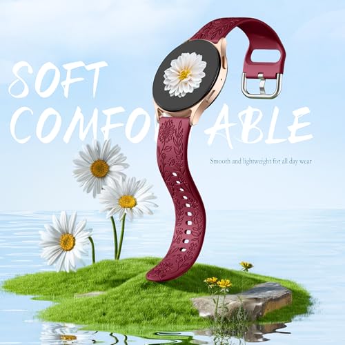SNBLK Floral Engraved Bands Compatible with Samsung Galaxy Watch Band 7 6 5 4 Active 2 40mm 44mm/5 Pro/Watch 3, 6 Pack 20mm Flower Soft Silicone Replacement Strap for Samsung Watch 7 Bands for Women
