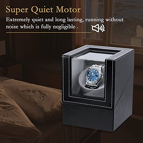 Mcbazel Single Watch Winder, Ultra Quiet Japanese Motor Automatic Watch Winder Box with Multiple Rotation Modes, Premium Watch Winder for Automatic Watches (AC/ Battery Powered) - Black with PU Leather