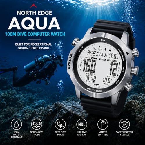 NORTH EDGE Aqua Dive Computer Watch for Men, 100M Waterproof Scuba Diving Watch with NDL, Air/Nitrox/Gauge Modes, 50M Depth Display, Compass, Altimeter, Barometer, Dive Log, Silicone Strap