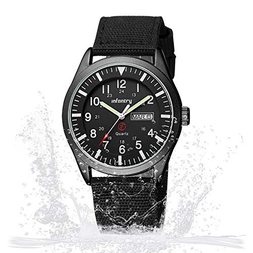 Infantry Mens Military Watch - Field Tactical Army Watch for Men with 12/24 Hour Time, Day Date, 5ATM Waterproof Analog Quartz Wristwatch, Durable Nylon Band for Outdoor Work Sport Black