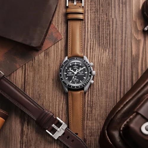 Getalia Italian Full grain vegetable tanned leather watch Bands Curved Strap,Compatible with Omega X Swatch Moonswatch Speedmaster Watch straps Men Women (Brown-width：20mm)