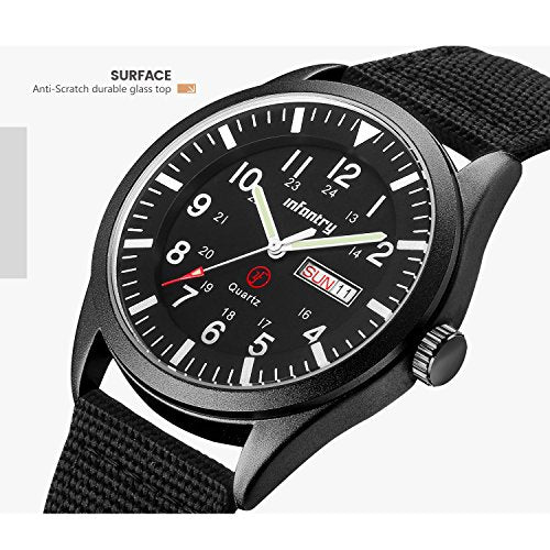 Infantry Mens Military Watch - Field Tactical Army Watch for Men with 12/24 Hour Time, Day Date, 5ATM Waterproof Analog Quartz Wristwatch, Durable Nylon Band for Outdoor Work Sport Black