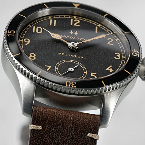 Hamilton Khaki Aviation Pilot Mechanical Men's Watch, 43mm Stainless Steel Case, Swiss Made, Black Dial Analog Wrist Watch for Men, 100m Waterproof, Sapphire Crystal, Calf Leather Strap