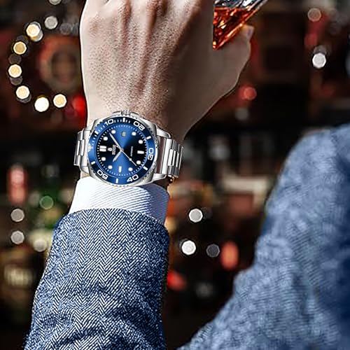 RUIGE new Men's Fully Automatic Mechanical Watch Stainless Steel Calendar Men's Rotating Bezel Fashion Trend Night Light Waterproof Watch A8-2 (Blue)