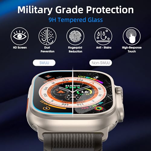 SWUU 2 Pack Tempered Glass Screen Protector with Auto-alignment Installation Frame Compatible with Apple Watch Ultra 3/Ultra 2 /Ultra Screen Protector 49mm, Waterproof HD Film for iWatch Ultra Clear