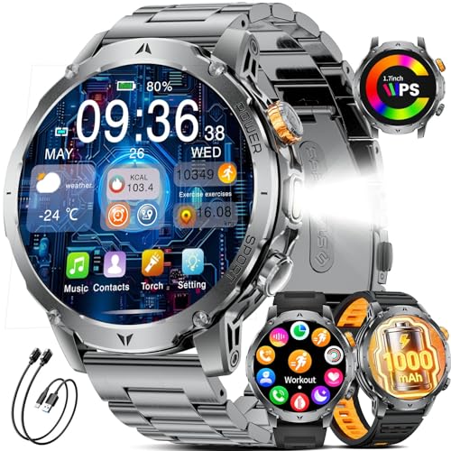 LIGE Military Smart Watches for Men(3 Bands),1000mAh Battery/1.7" HD Large Screen Smartwatch, Flashlight/120+ Sports Modes/Sleep Monitor, 5ATM Waterproof Fitness Tracker Watch for Android iOS,Black