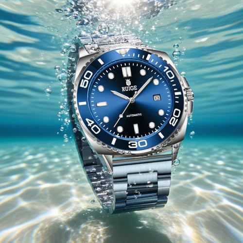 RUIGE new Men's Fully Automatic Mechanical Watch Stainless Steel Calendar Men's Rotating Bezel Fashion Trend Night Light Waterproof Watch A8-2 (Blue)