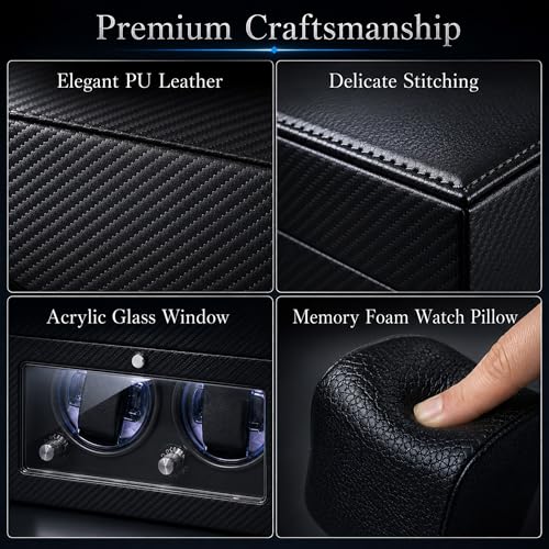 Lieinw Automatic Watch Winder for Rolex and Auto Watches, Leather Double Winding Watch Box + 6 Storage Slots with Japanese Quiet Motor & Blue LED, Rotating Watch Case Used for Storage, Display & Gifts