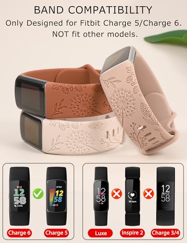 Minyee 3 Packs Floral Engraved Band Compatible with Fitbit Charge 6 Bands/Fitbit Charge 5 Bands Women, Cute Soft Silicone Dandelion Flower Pattern Sport Designer Fancy Summer Strap for Charge 6/5