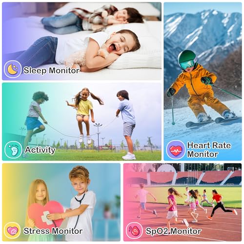 Kids Waterproof Smart Watch Girls with Fitness Tracker Sports Activity Pedometer Heartrate SpO2 Stress Monitor Flashlight APP HD Touch Screen Camera Games Music for 4-13 Year Old Girls Gifts for Kids