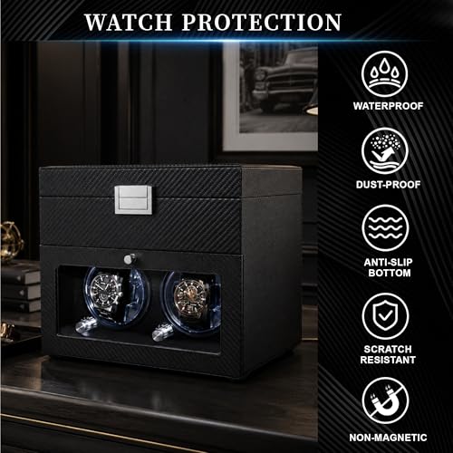 Lieinw Automatic Watch Winder for Rolex and Auto Watches, Leather Double Winding Watch Box + 6 Storage Slots with Japanese Quiet Motor & Blue LED, Rotating Watch Case Used for Storage, Display & Gifts