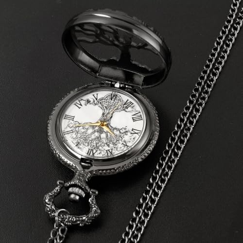 Tiong Pocket Watch Hollow Tree Design Roman Numerals Quartz with Chain Birthday Gifts(Black)