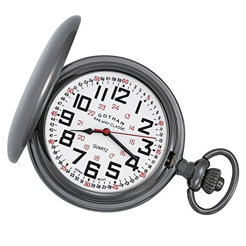 Gotham Men's Gunmetal Railroad Polished Finish Covered Quartz Pocket Watch # GWC15044B