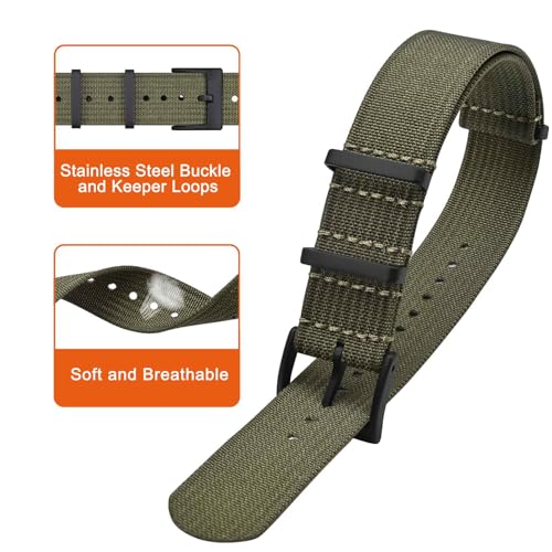ANNEFIT Nylon Watch Band 20mm, One-Piece Waterproof Military Watch Straps with Heavy Black Buckle (Army Green)