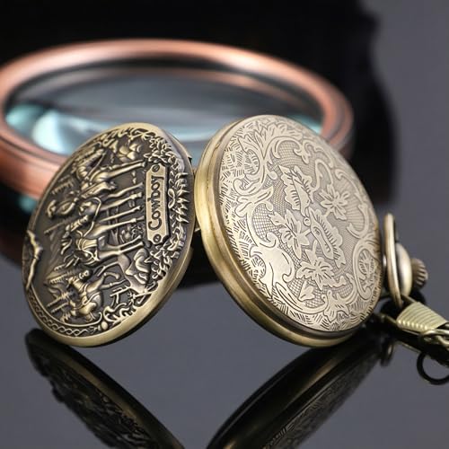 Tiong Pocket Watch Engraved Cowboy Arabic Numerals Quartz with Chain Gifts