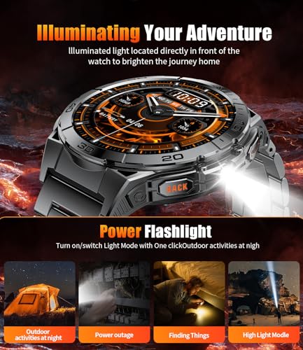 HIRREO Smart Watch for Men, 1.6'' AMOLED HD Fitness Watches with LED Flashlight, Buletooth Calling, 600mAh Battery/2 Straps/100+ Sports/IP68 Waterproof Smartwatch for Android iOS, Black-Orange