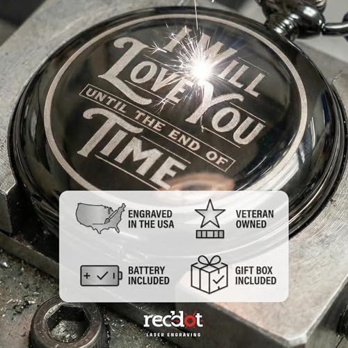 Red Dot Laser Engraving Engraved Pocket Watch with Chain for Husband or Boyfriend | Classy Gift Set for Anniversary or Any Occasion (I Will Love You Until the End of Time)