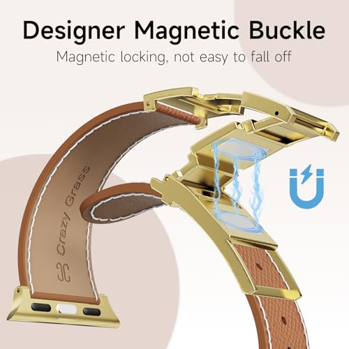 Designer Leather Band Compatible with Apple Watch 49mm46mm45mm44mm42mm41mm 40mm38mm for Women,Magnetic Buckle Replacement Strap for iWatch Ultra 3/ 2 /1 SE 3/2/1 Series 11/10/9/8/7/6/5/4/3/2/1 (Brown Band+Gold H Buckle, 38mm40mm41mm42mm)