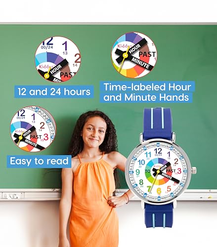 Kiddus Educational Kids Watch for Children, Boys and Girls. Analogue Time Teacher Wristwatch with Exercises. Handles Blue